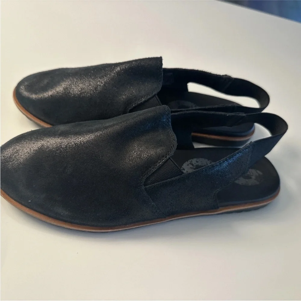 SOREL- Ella Slingback Mule Flats Shoes Shimmer Black Leather Size 8 - Picture 2 of 8